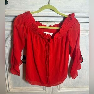 Boutique Red Sheer Ruffle Off The‎ Shoulder Blouse Romantic Flirty Chiffon